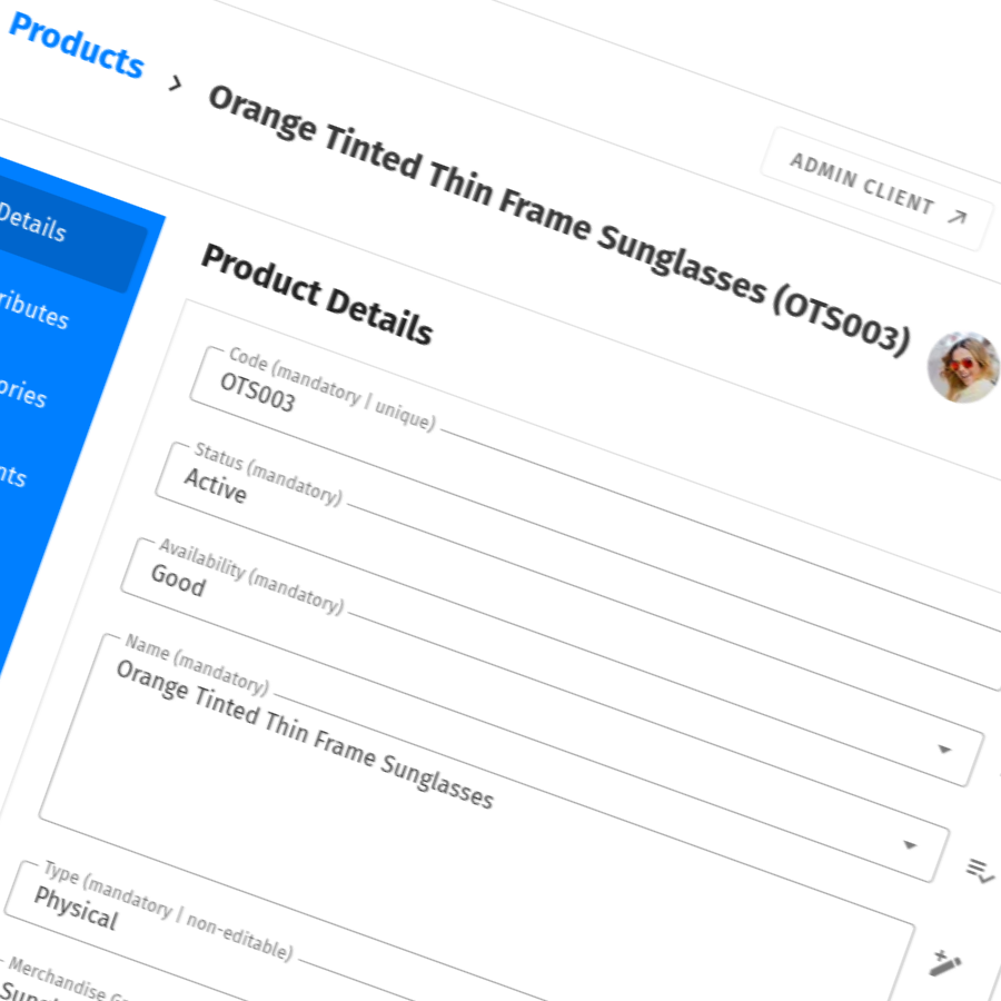 Screenshot of the product administration form